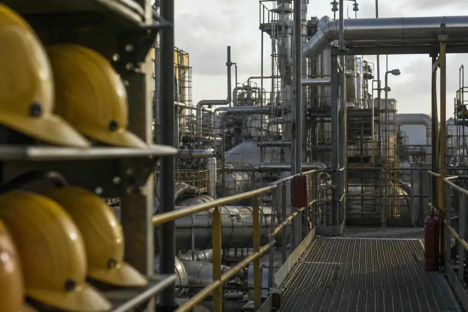 Steel plant catwalk with process piping and a rack of hard hats in the foreground.