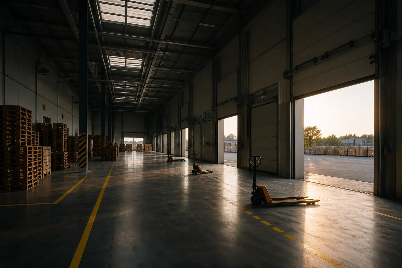Clean industrial warehouse bay with skylights, yellow safety lines, and open loading docks.