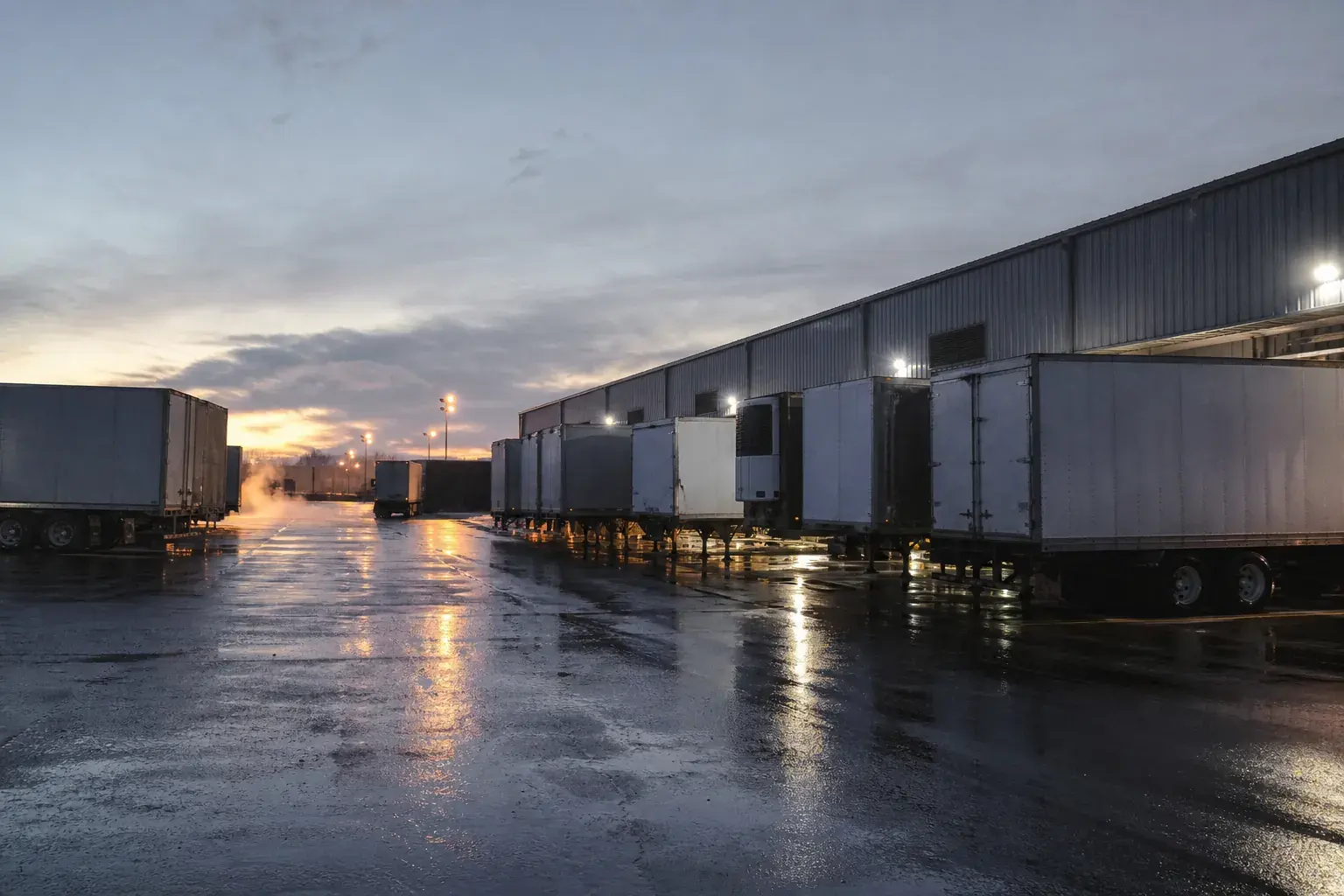 Tractor-trailers at warehouse loading docks at dawn, wet asphalt reflecting dock lights.