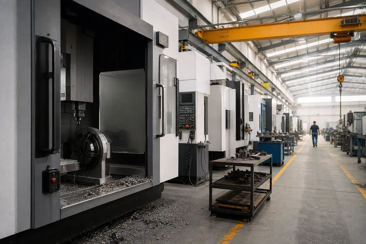 CNC machining bay with overhead crane and skylights on a factory floor.