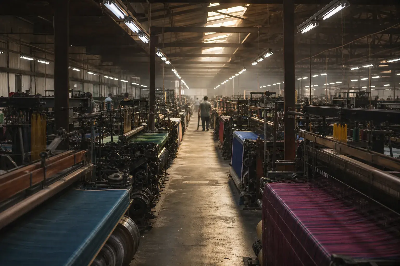 Rows of industrial looms in a weaving mill, warp threads catching the light.