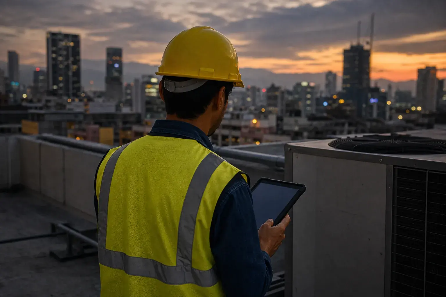 Technician in a hi-vis vest, seen from behind, holding a tablet beside rooftop HVAC equipment at dusk.