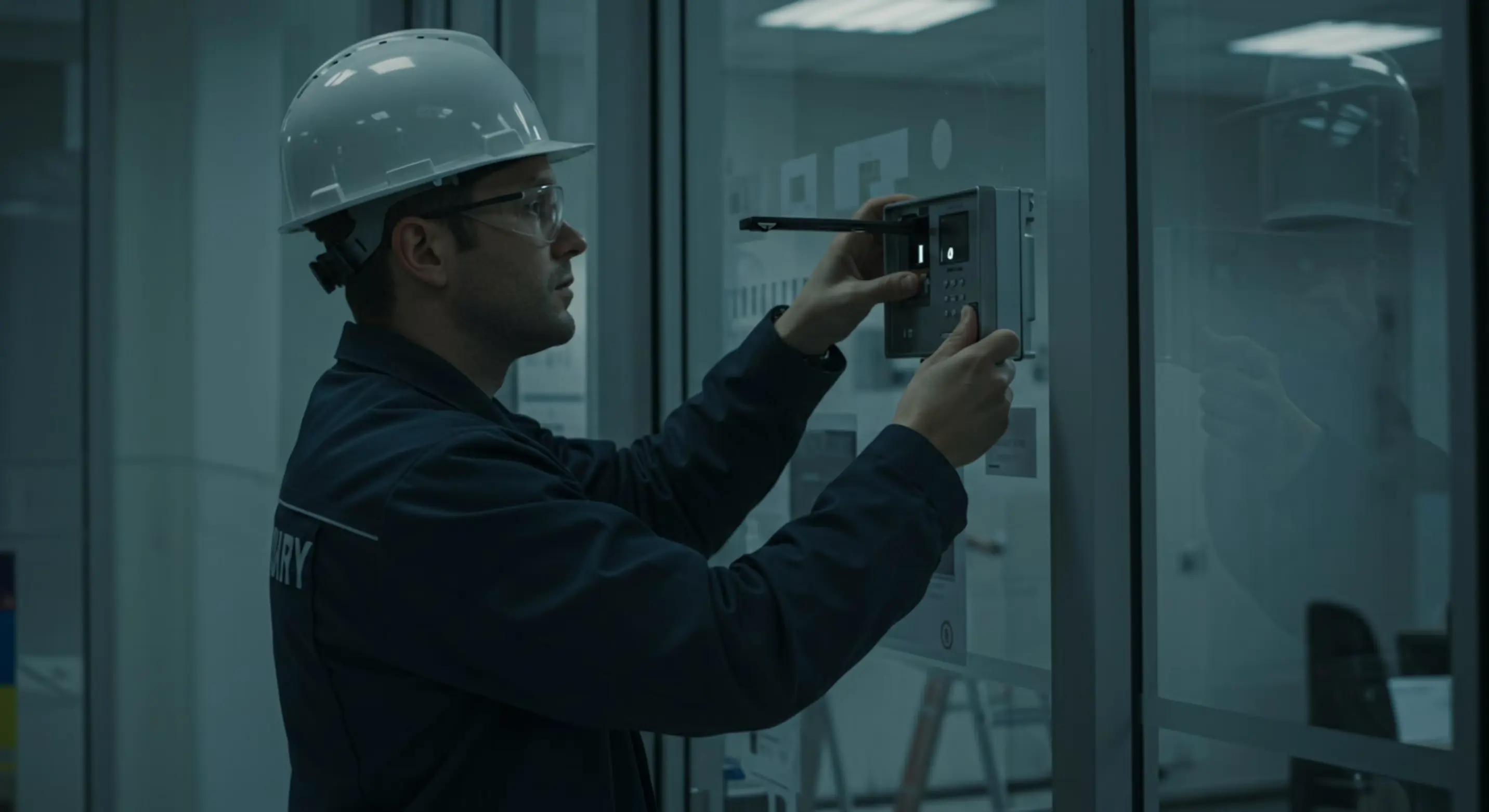 Técnico con casco inspeccionando un panel de control de acceso montado en pared.